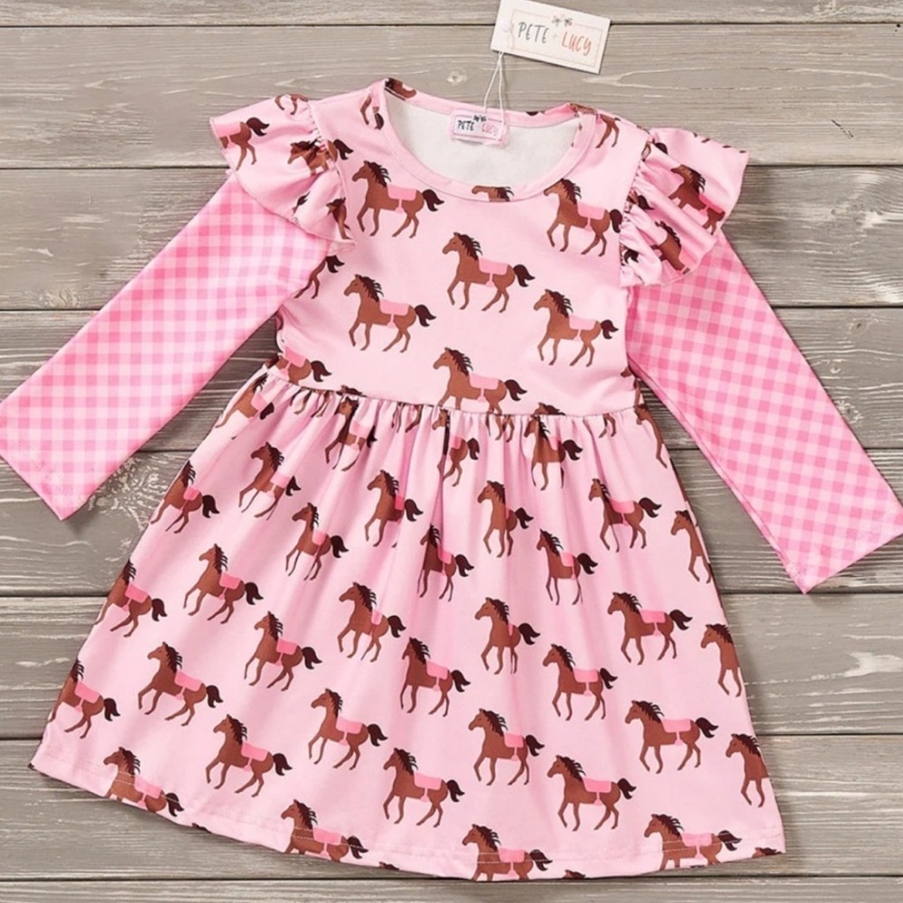 NEW Pete + Lucy Pink Horse Print Long Sleeve Girls Dress